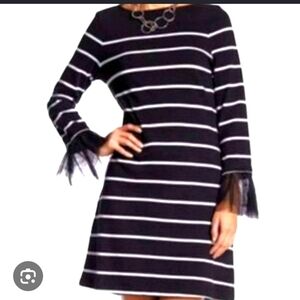 Beach Lunch Lounge 100% Cotton Black And White Stripe Tulle Sleeve Mini Dress XS